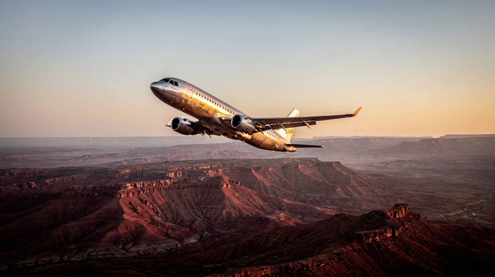 A commercial airliner banking above red sandstone desert ridges at first light, its silver fuselage catching the sun