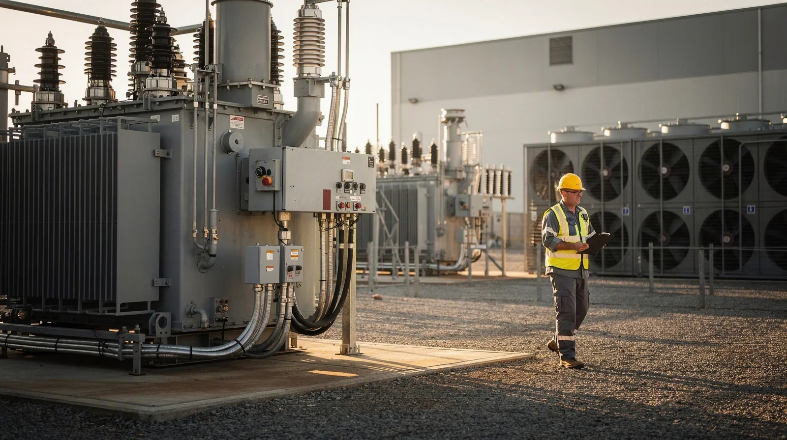 A utility engineer beside a transformer and data-center cooling equipment in a sunlit substation yard