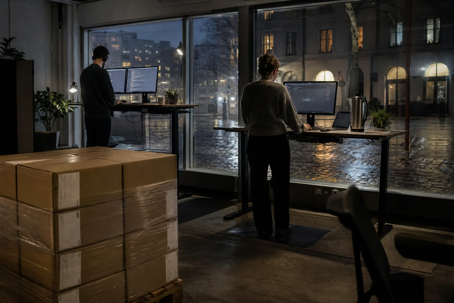 European software loft at night with developers at standing desks and sealed shipping cartons by a rain-streaked window