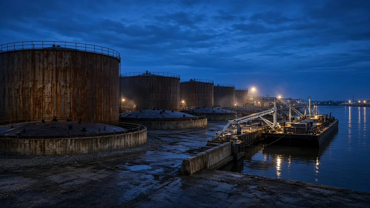 Half-drawn floating-roof distillate tanks at a Gulf Coast riverside terminal at blue hour, roofs sitting low in weathered steel shells