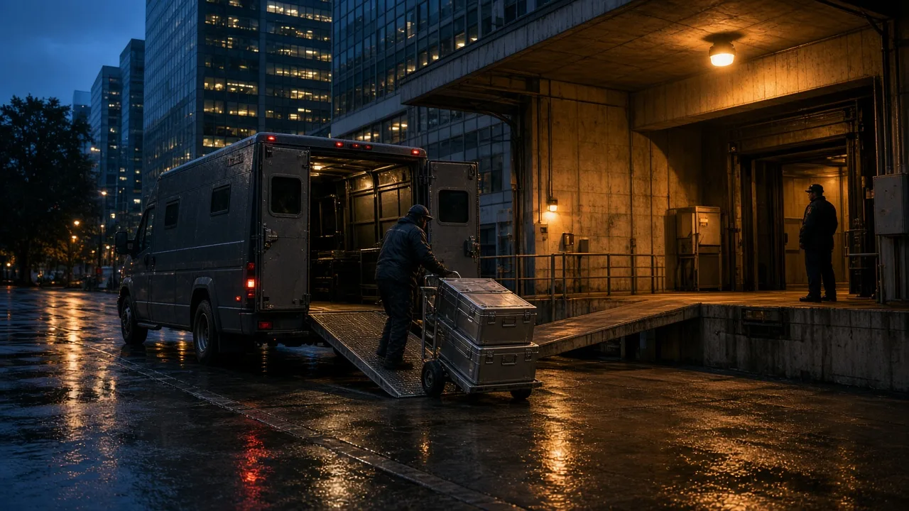 Armored courier van at a Midtown tower loading dock at blue hour, sealed metal cases wheeled up a wet concrete ramp under sodium lamps