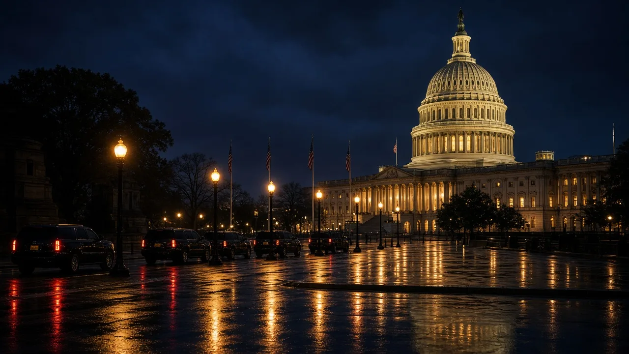 Wet night outside the U.S. Capitol, dome lit against indigo sky after rain, SUVs idling on the avenue