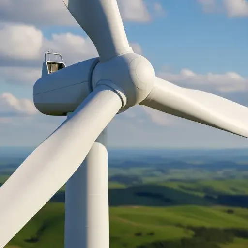 Close-up of a turbine blade with rolling hills in background