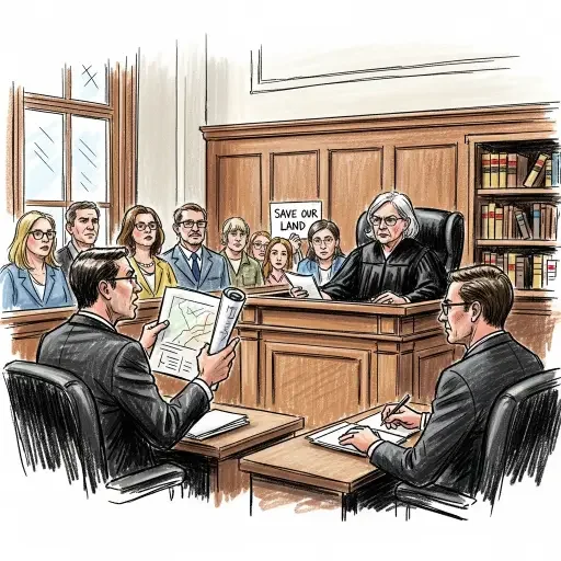 Courtroom sketch of legal dispute over wind project permits