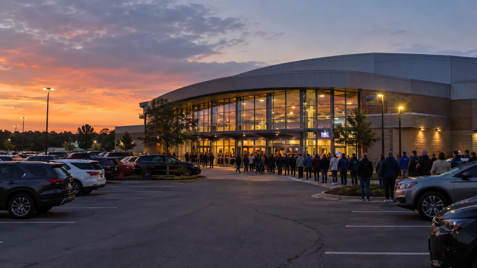 Exterior of a modest suburban sports arena at dusk with fans lined along the glass facade