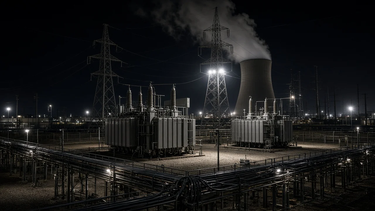 Night at a hyperscale campus electrical yard where new step-up transformers sit on gravel pads, cooling-tower vapor lit by security floods and a substation line feeding into the server halls