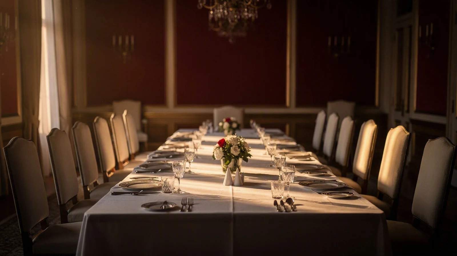 Empty formal state dining room with a long table set for two and no guests, evening light on red accent walls
