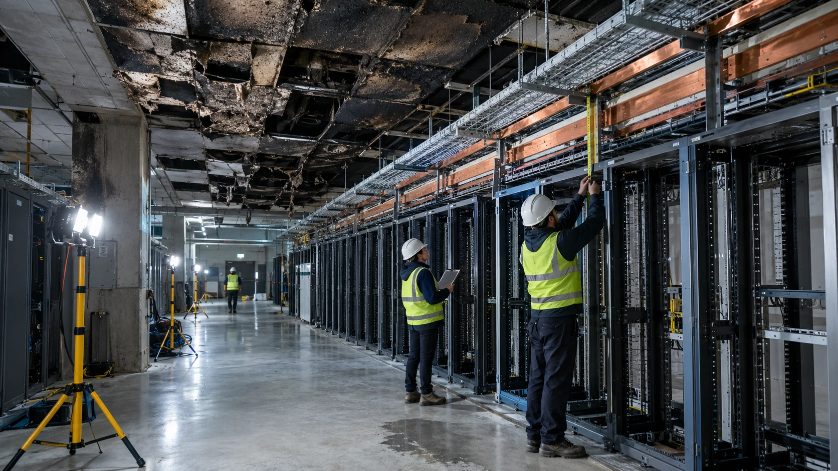 Data hall with empty GPU racks and emergency lighting after damage to acoustic panels