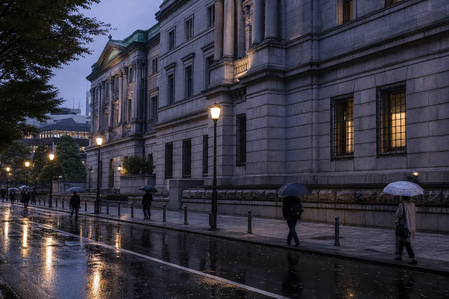 Bank of Japan headquarters in evening rain, wet granite and umbrella reflections on Nihonbashi pavement