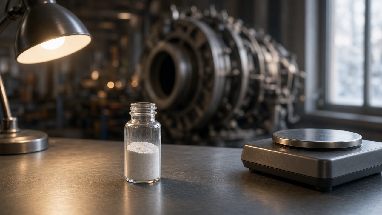 A glass vial of pale oxide powder on a precision scale with a blurred gas-turbine casing in the background