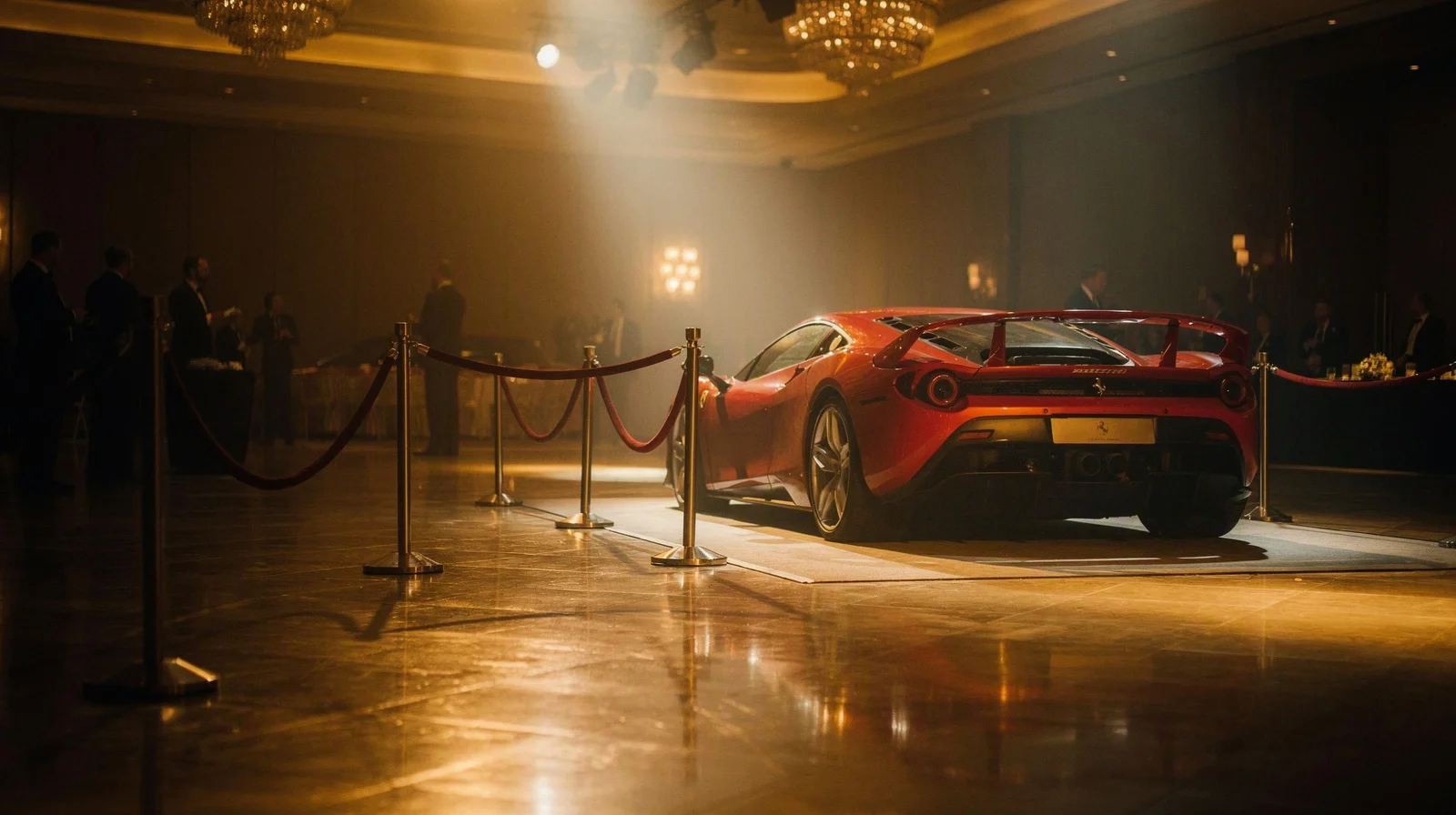 Rear three-quarter of a low red wedge supercar under warm spotlights on a polished stone floor at an auction preview, velvet ropes and distant silhouettes